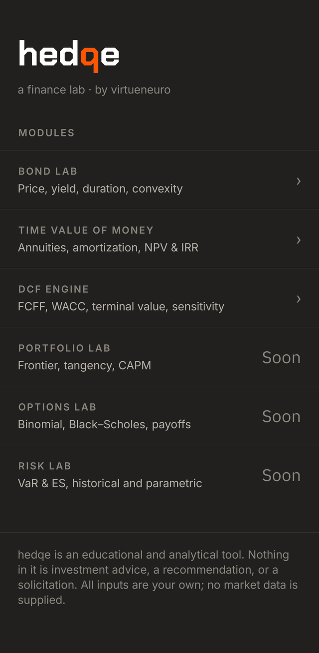 hedqe's module index: Bond Lab, Time Value of Money and the DCF Engine, with Portfolio, Options and Risk listed as coming soon.